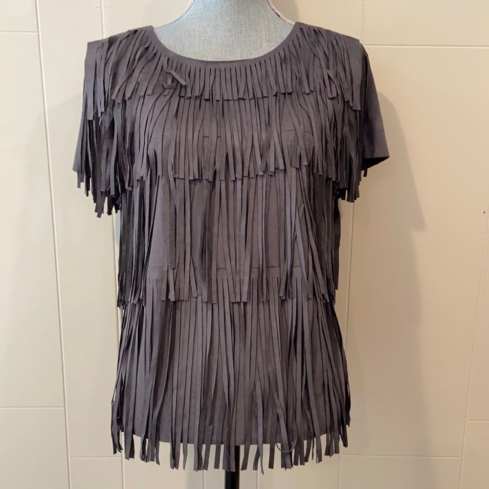Blue Gray Fringe Short Sleeve Faux Suede Shirt M